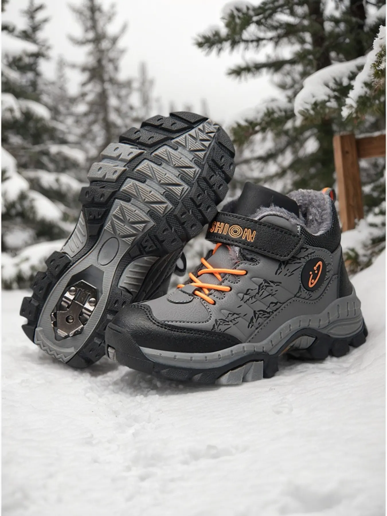 Boys' Fleece Lined Warm Boots, Outdoor Hiking Shoes, Fall & Winter New Style, Anti-Slip Ice Crampons, Casual Daily Wear, Winterboots, Non Slip Boots