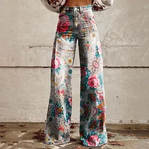 Women's Vintage High-Waisted Wide Leg Jeans with Floral Print, 90s Style Casual Denim Trousers