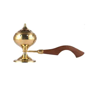 Bakhoor Aroma Incense Fragrance Resin Brass Burner with Wooden Knob Handle