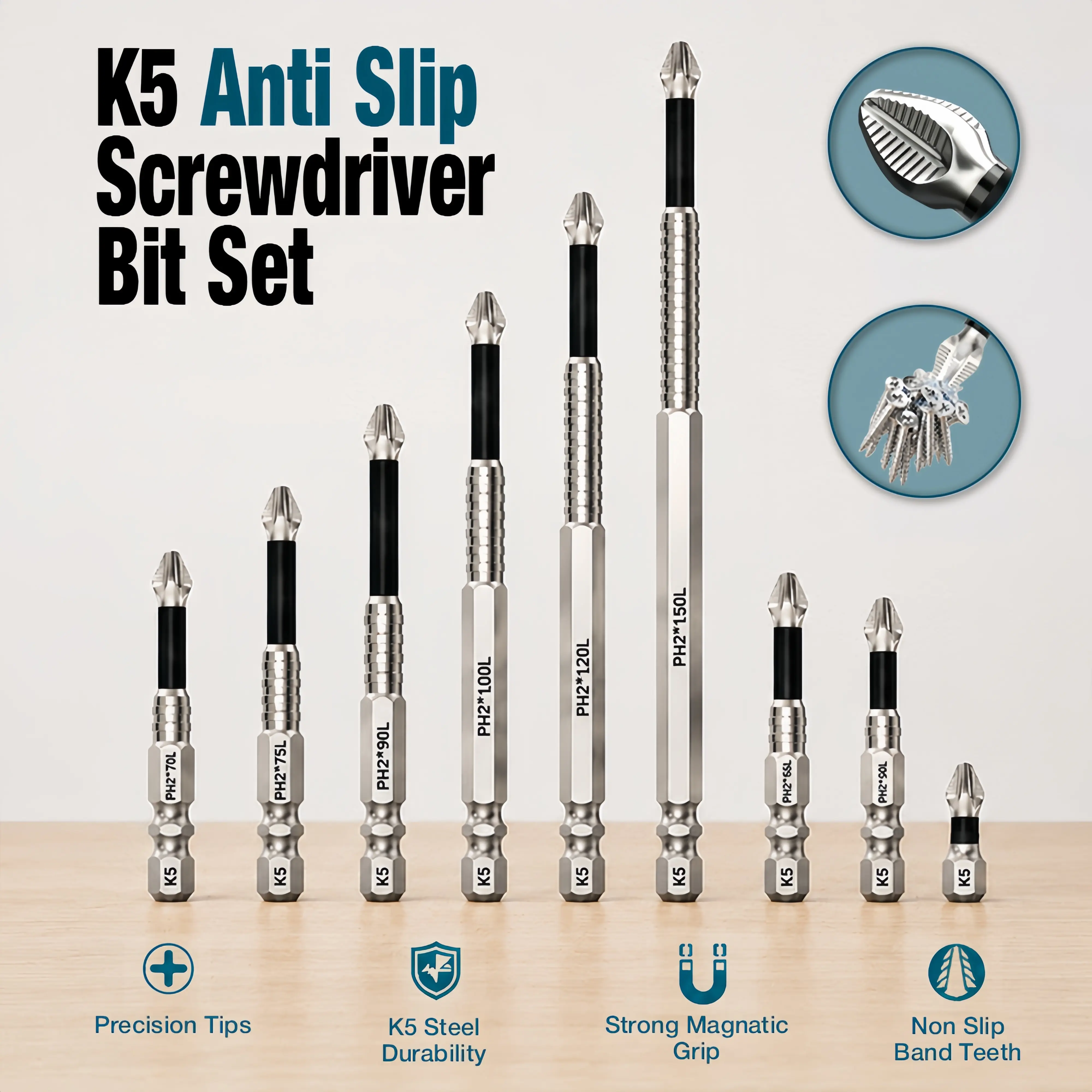 K5 anti-slip screwdriver bits, K5 impact-resistant anti-slip screwdriver bits, strong magnetic screwdriver bit set; suitable for home repairs and DIY; power screwdriver bit set; power tool accessories.