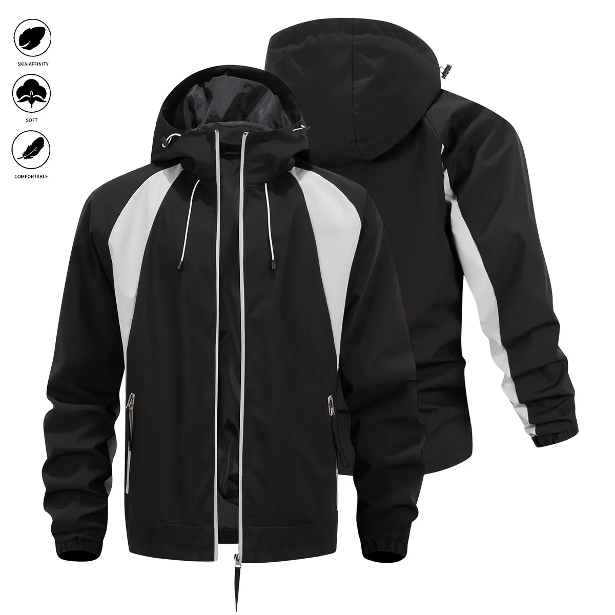 JOGWAVE Men's Hooded Windproof Coat - Menswear Long Sleeve Slim-Fit Outerwear, High-Street Streetwear Patchwork Print, Collegiate Athletic Tops, Solid Minimalist Design for Spring & Autumn, Coats