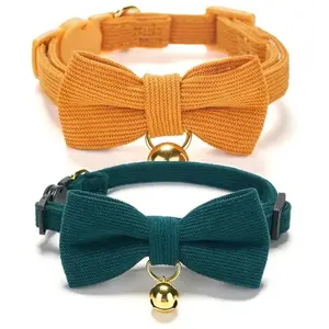 Soft Corduroy Cat Collars with Bow Tie & Bell Adjustable Breakaway Cotton Kitty Bowtie Collar for Girl Boy Kitten Cute