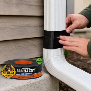 Gorilla 25 yds All Weather Tape,outdoor repair tape,duct tape,strong adhesive,hand tear,cut to size,clean surface,rub firmly,hot cold use,0-200F service,PE plastic,polypropylene,roof patch,vent seal,RV seam,car patch,poly sheets,storm prep,toolbox repairs