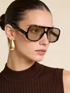 Women's Pilot Sunglasses, Vintage Large Frame Design, Lightweight Tortoiseshell Frame, Blue Tea Color Lenses, Street Style Fashion