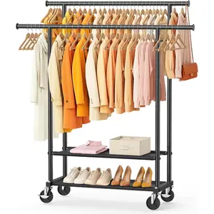 Double Rods Clothes Rack, Rolling Clothing Rack for  Clothes Closet Rack with Wheels, Metal Portable Garment Rack with Double Shelves for Bedroom Laundry Living Room, Matte Black