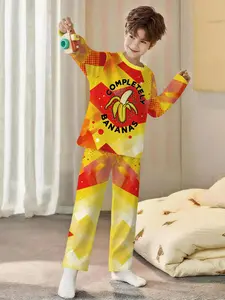 Boys' Banana Print Pajama Set, Long Sleeve Sleepwear, Fitted Casual Style, Soft Polyester Fabric, Perfect Gift for Boys