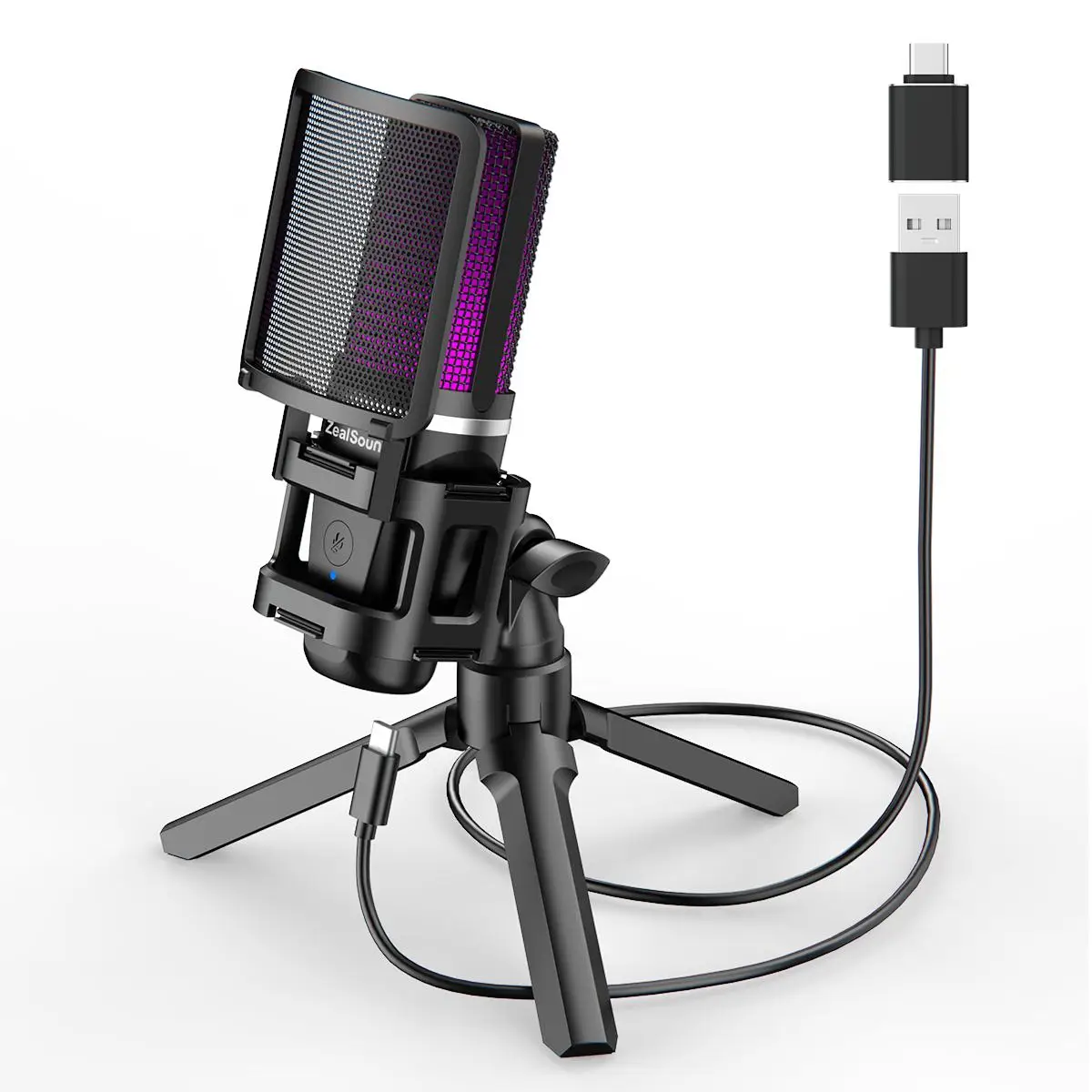 USB Microphone with RGB Light & Tripod Stand, USB Type-C Microphone, Computer Microphone, Compatible with PC & Type-C Interface Devices, Suitable for