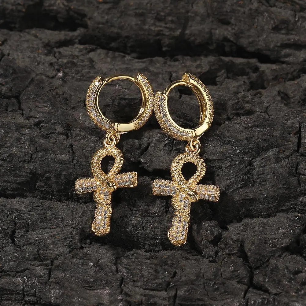 Ankh Snake Drop Huggie Earrings for Men and Women 14K Gold Plated Cross Earrings Hip Hop Jewelry for Gift