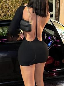women's cut out backless bodycon dress, solid color long sleeve round neck short bodycon homecoming dress for party club dating wear, ladies clothes for all seasons, 90s clothes