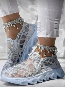 Women's Breathable Mesh Fabric Stylish Sneakers with Metal Sequins, Casual Round Toe Low Top Shoes, All-Season Comfort Footwear