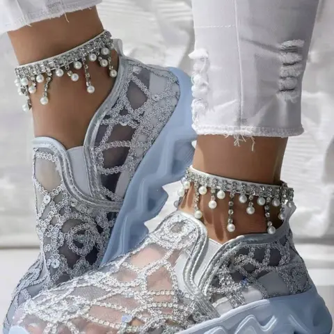 Women's Breathable Mesh Fabric Stylish Sneakers with Metal Sequins, Fashionable Casual Sneakers, Casual Round Toe Low Top Shoes, All-Season Comfort Footwear, All Seasons Sneakers