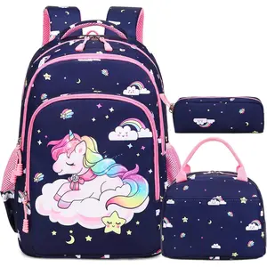 Girls Backpack with Lunch Box Pencil Case for Elementary School, 3 in 1 Schoolbag with Chest Strap for School Girls