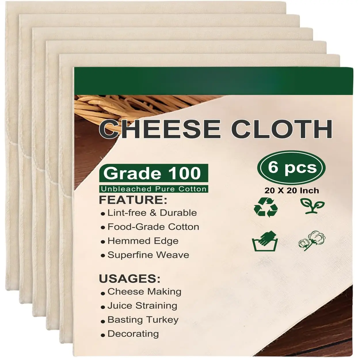 Cheese Cloths for Straining, 6 count 20x20 Inch Grade 100 Cheese Cloth,  Washable Unbleached Pure Cotton Cheesecloth for Cooking and Cheese Making with Hemmed Edge