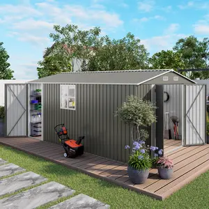 10x14 FT Outdoor Metal Storage Shed, Durable Garden Shed with Three Lockable Doors and Clear Window for Backyard, Patio, Garden, All-Weather Shelter for Bike, Gardening Tools, Lawn Mowers, Grey yard  storage