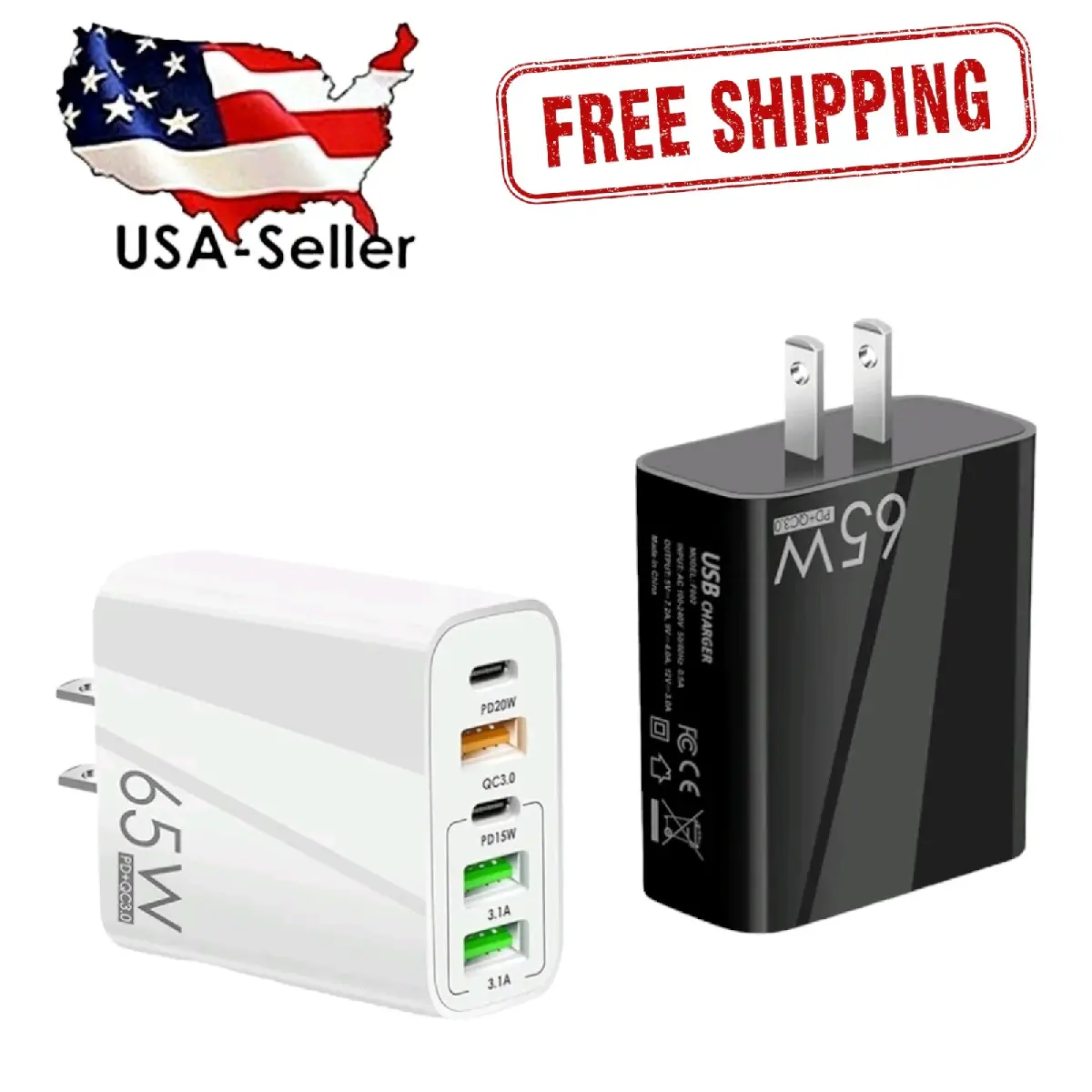 65W 5-port Fast Charging  Adapter USBC Wall Charger  PD+QC3.0 with Surge and Overheat Protection FAST SAME DAY FREE SHIPPING FROM U.S.A. SELLER  Led Drop Resistant Fire Resistant  Overheat Protection Overvoltage Protection Qualcomm Quick Charge Lights