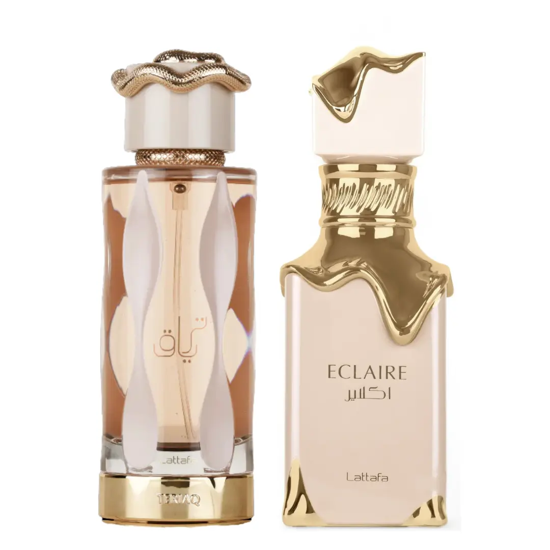 Lattafa TERIAQ & ECLAIRE Women's EDP Fragrance Gift Bundle - 3.4oz (100ml) Day Floral Amber Fragrance, Boxed Elegant Casual Scent with Citrus, Jasmine Notes (3 to 3.9 fl oz)