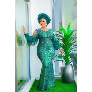 Green Dramatic Ruffle Sleeve Cold Shoulder Embellished Mermaid Dress for Wedding Guest Birthday Photoshoot Cocktail Reception Party Mother of The Bride Maxi Dress Formal Evening Wear