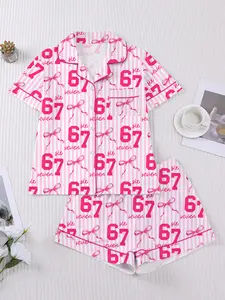 Two piece women's pajama set with 67 digit and bow Valentine's Day theme print, knitted fabric, comfortable to wear all year round, short sleeved button top, matching shorts, collar and pocket details, suitable for women's and Girls adult pajama set