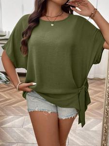plus size plain batwing sleeve blouse, lady casual knot front half sleeve top for summer, women's plus clothing for daily wear