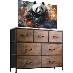 7 Drawer Dresser TV Stand, Entertainment Center, Media Console Table with Metal Frame and  Top for TV up to 45 inch, Chest of Drawers for Bedroom, Living Room, Rustic Brown  Grain Print