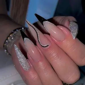 24pcs Long Almond Press-On Nails, ABS Environmental Protection Resin, Silver Color Glitter Stripes, Striking, Sweet Cool French Style, Women's Party Daily Wear