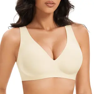 Deyllo Women's Deep V Full Coverage Everyday Bra Comfort Wireless T-Shirt Bras Supportive Seamless Padded Push Up Bra Sports  Bra