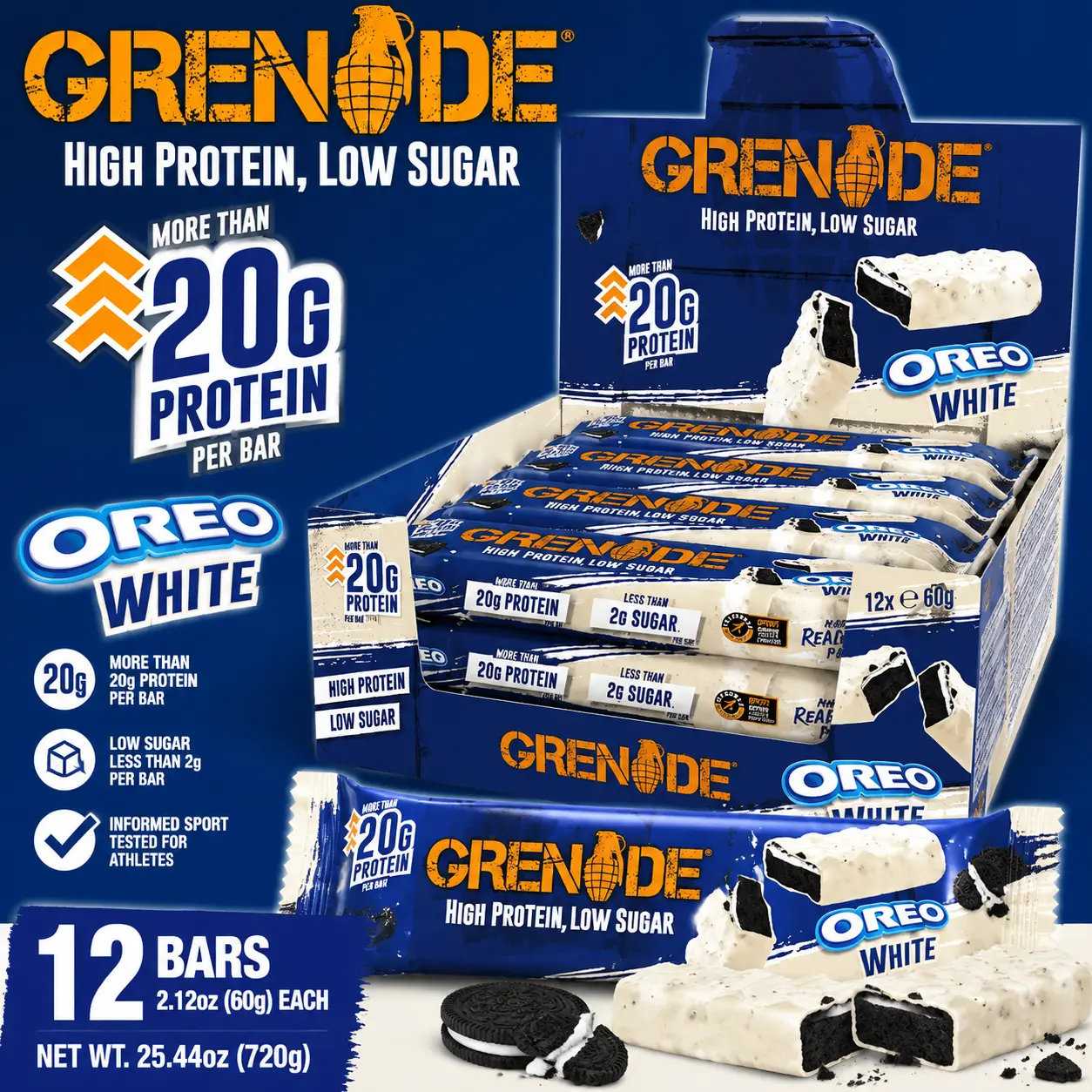 Grenade UK Protein Bar White Oreo 2.12 oz 12 Count  Cookies & Cream Protein Snack Bars | Imported British Fitness Treats