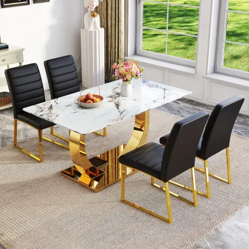 Black + Golden + Glass + PU + Stainless Steel + Seats 4