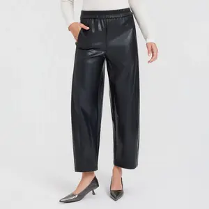 Women's Mid-Rise Barrel Leg Faux Leather Pull-On Pants - A New Day