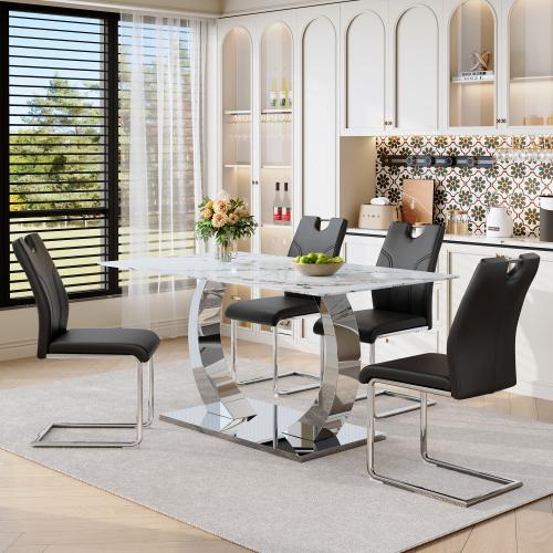 Bellemave  Marble patterned tempered glass dining chair set (gold decoration): 63 inch dining table+4 modern minimalist style dining chairs