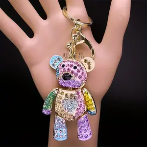 Charming Pink Teddy Bear Keychain with Multicolored Rhinestones Zinc Alloy Ring Buckle Ideal for Valentine's Day Gifts Cute Keychain
