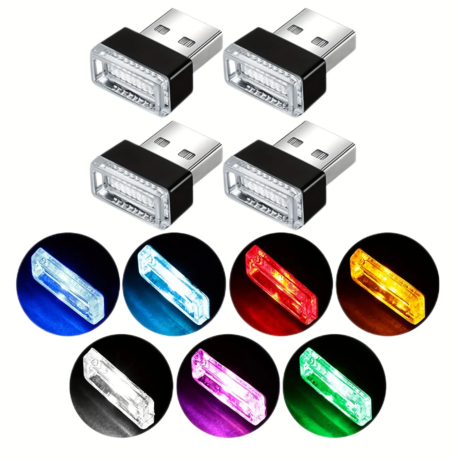 4pcs USB LED Car Interior Atmosphere Lamp, Plug-In USB Decor Night Light, Portable Auto Ambient Lighting Kit, Universal Car Accessory, Car Decorative Light, LED Car Lights