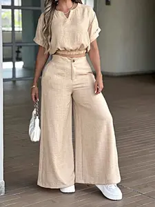 Women's Elegant Solid Color Crop Top with Flip Collar, Casual Zipper Wide Leg Pants Set, Winter Loose Fit Two-Piece, Womenswear