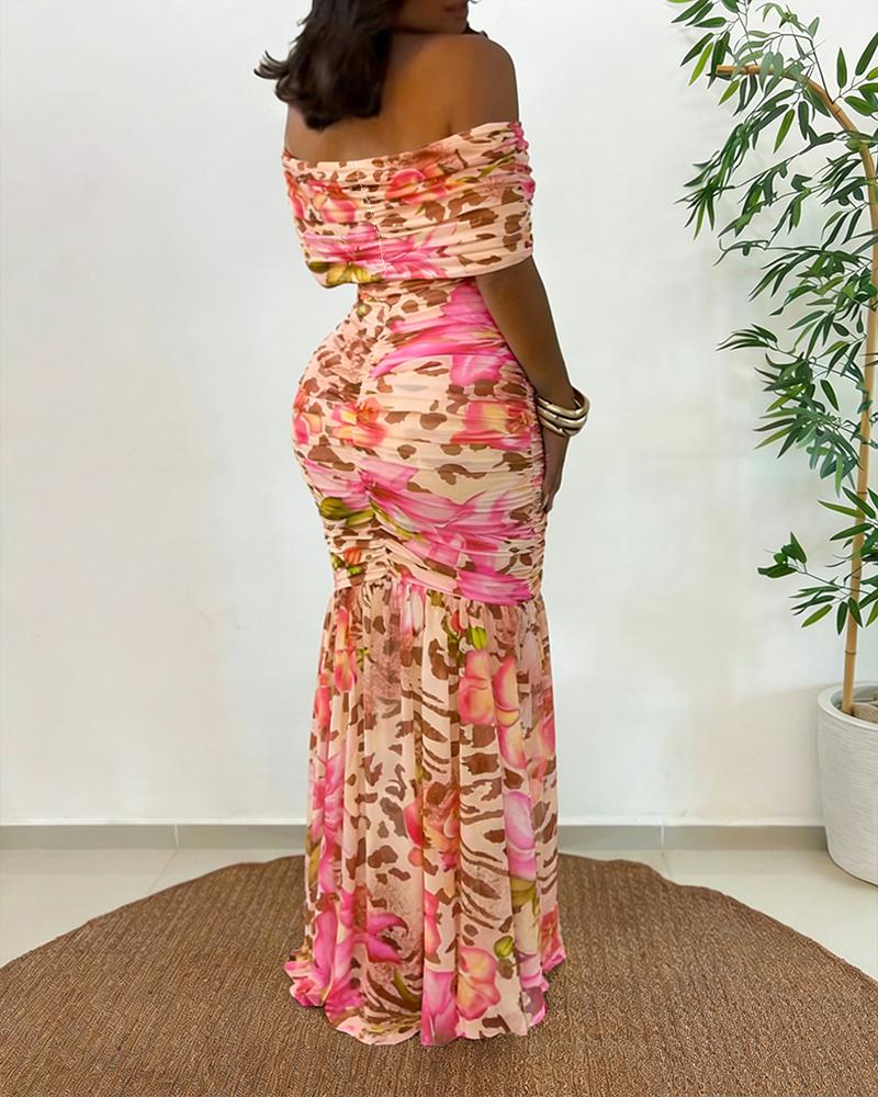 ChicMe Women's Off The Shoulder Mermaid Maxi Dress - Floral Leopard Print Mesh Bodycon Ruched Formal Dress/Summer Dress with Detachable Straps Elegant Evening Party Cocktail Dress/Tropical Outfits for Vacation & Wedding Guest ChicMe Women's Off The Shoulder Mermaid Maxi Dress - Floral Leopard Print Mesh Bodycon Ruched Formal Dress/Summer Dress with Detachable Straps Elegant Evening Party Cocktail Dress/Tropical Outfits for Vacation & Wedding Guest