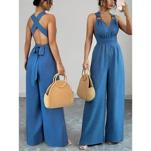 Graceful Lady V Neck Jumpsuit with Belt Straight Cut Women Jumpsuit| Side-tie Wide-leg Pants Solid Color Pants Set| Suitable for weddings, churches, business occasions, machine washable clothing - can be worn all year round (non-elastic)
