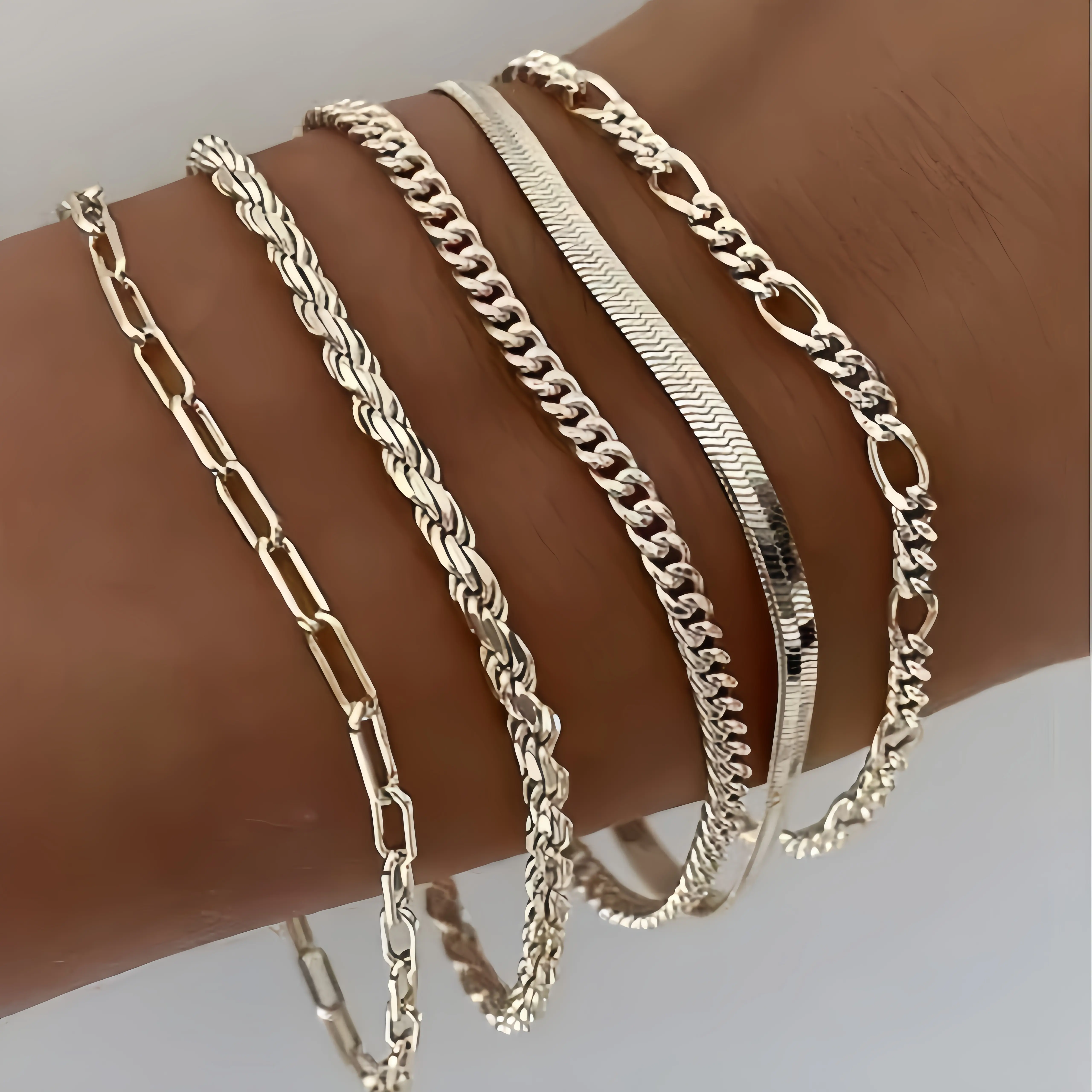 5Pcs Stackable Silver Tone Chain Bracelet Set, Vintage Cuban & Paperclip Link Bracelets, Layered Jewelry Gift Set for Women