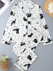 Women's Long Sleeve Pajama Set, 2-Piece Sleepwear Suit, Cartoon Animal Design, Leopard Pattern, All-Season Comfortable Loungewear