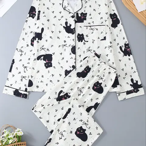 Women's Long Sleeve Pajama Set, Matching Pajamas Sets, 2-Piece Matching Sleepwear Suit, Cartoon Animal Design, Leopard Pattern, Prints, All-Season Comfortable Fit Loungewear, Pjs, Homewear, Pajama Bottoms
