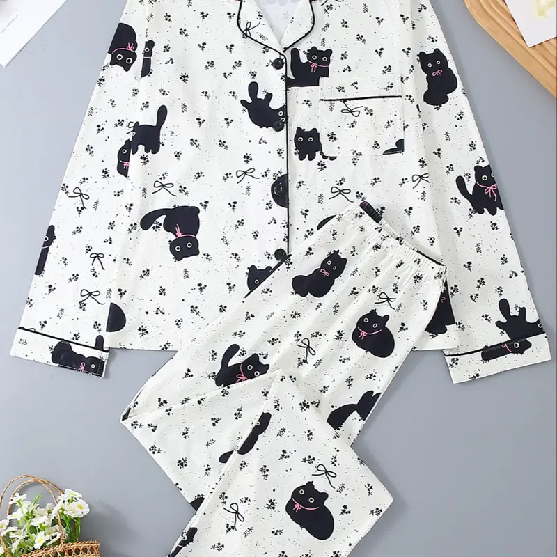 Women's Long Sleeve Pajama Set, Matching Pajamas Sets, 2-Piece Matching Sleepwear Suit, Cartoon Animal Design, Leopard Pattern, Prints, All-Season Comfortable Fit Loungewear, Pjs, Homewear, Pajama Bottoms