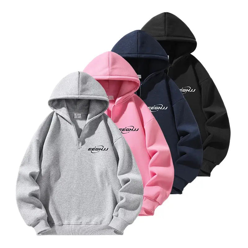 Men’s Multi-Color Knit Half-Zip Pullover Hoodie - Menswear Tops Sweatshirts with Ribbed Cinch Cuffs, Chest Decorative Branding, Casual Long Sleeve for Light Workouts, Home Relaxing