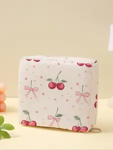 Portable Cherry Pattern Sanitary Pad Storage Bag, Lightweight Women's Organizer, Travel Cosmetic Box, Space Saving Bags, All Seasons Use, Zipper Bag