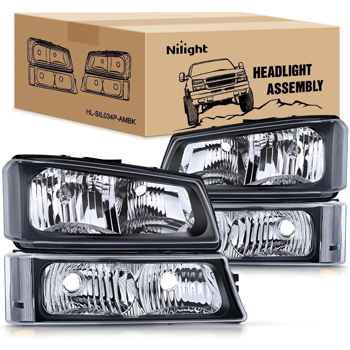 Nilight Headlight & Bumper Lamp Set with Headlight Cover - DOT Certified, IP65, OE Standard, Plug-N-Play Anti-Fog Vents Replacement Assembly for 2003-2006 Chevy Silverado/Avalanche 1500, 1500HD, 2500, 2500HD, 3500 Pickup