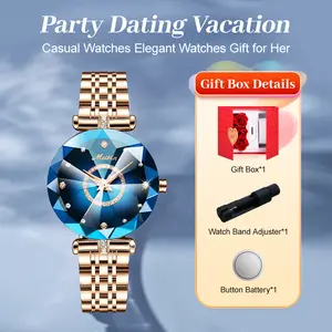 Luxury Blue Crystal Women's Watch, Diamond Accents, Rose Gold Stainless Steel Bracelet, Elegant Analog Quartz Timepiece for Party & Gifting
