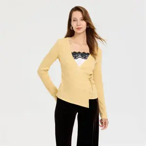 Women's Metallic Rib-Knit Wrap Cardigan - A New Day Yellow S