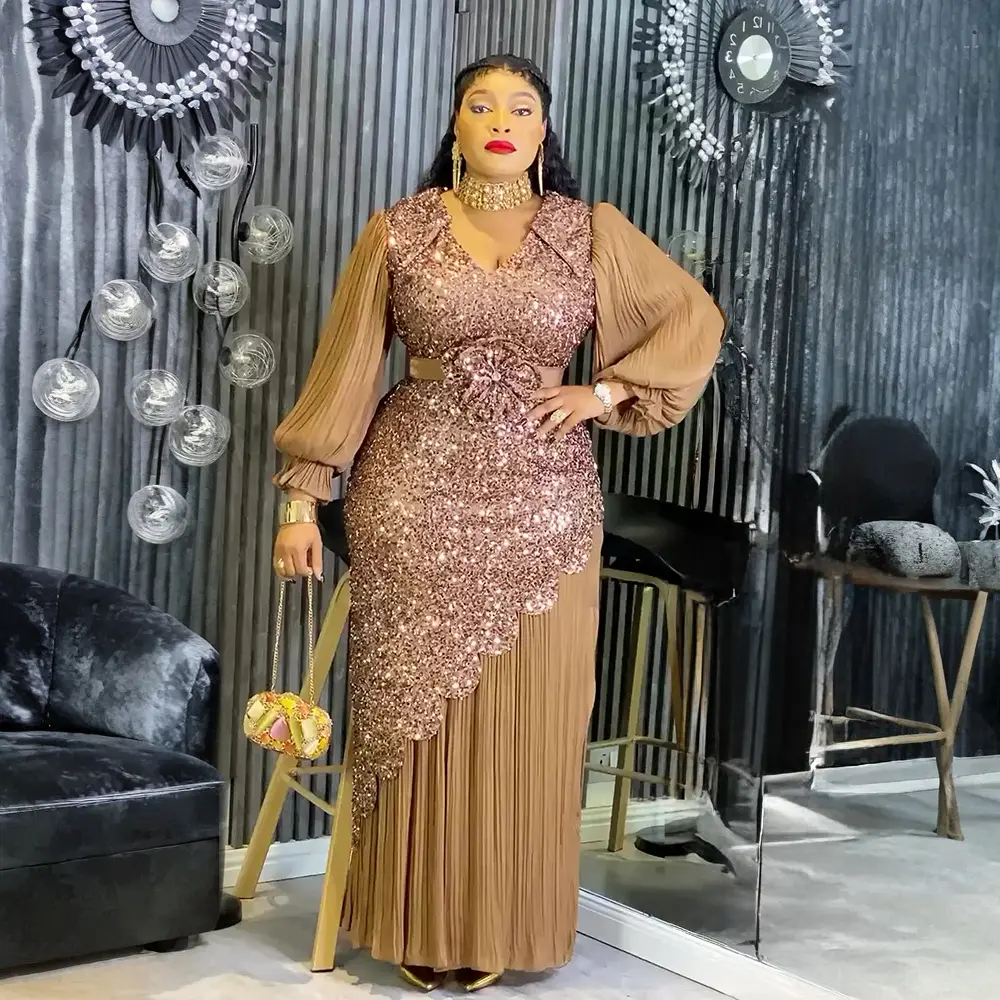 slim fit dress slacks Plus Size Elegant Long Lantern Sleeve Midi Length Sequin Tulle Dresses main image 0
