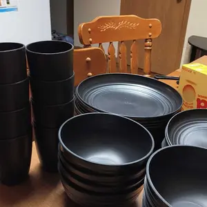 32-Piece Kitchen Plastic Wheat Straw Dinnerware Set - Dinner Plate, Dessert Plate, Cereal Bowl, Cup, Unbreakable Plastic, Black -  Tableware