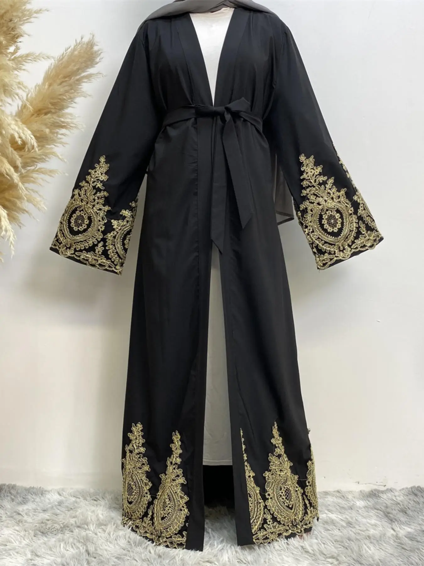 💫Golden Lace Abaya Dress ! Hand-Embroidered Sleeves & Hem | Adjustable Waist Belt + Premium Nida Fabric | Only one abaya does not include Hijab and i