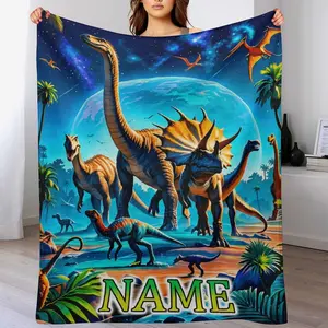 Custom Name Dinosaur Pattern Blanket - Lightweight Flannel Throw for Sofa, Bed, Travel, Livingroom, Office & Couch - Perfect Gift for Family, Kids, Boys, Girls & Friends | Send your custom text via shop chat to personalize