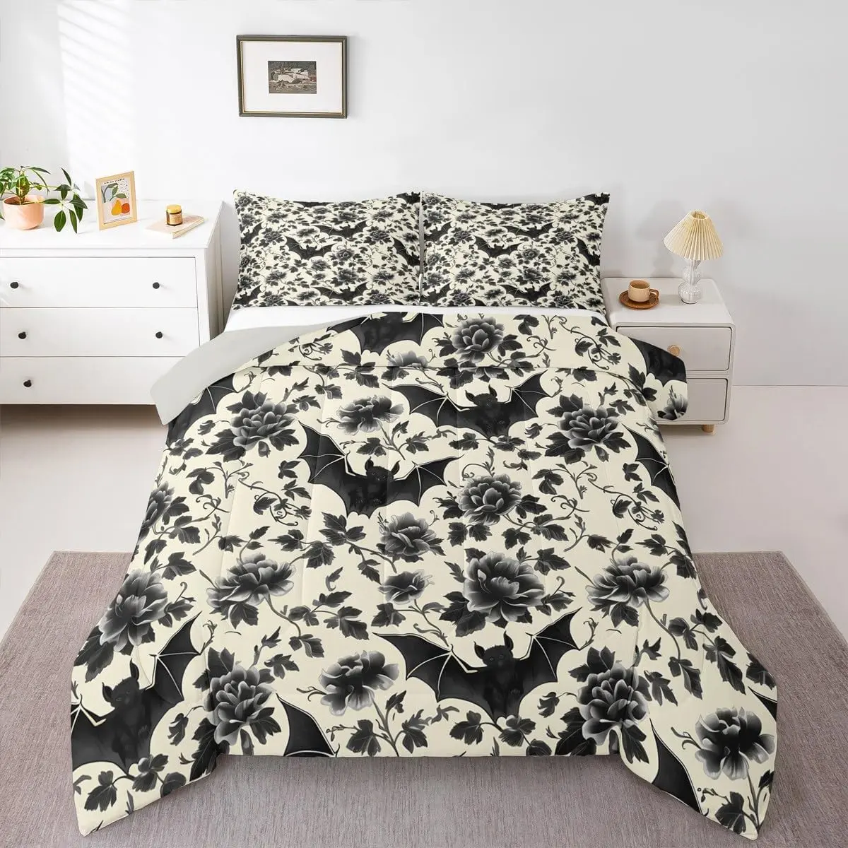 Bats Flower Kids Comforter Set,Happy Halloween Bedding Set,Horror Theme Duvet Quilt for Kids Boys Girls,Bedroom Decor