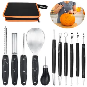 Premium Pumpkin Carving Tools Kit for Halloween - Stainless Steel Sculpting Tools Set of 11pcs with Carry Case and 10pcs Paper Carving Templates-Black